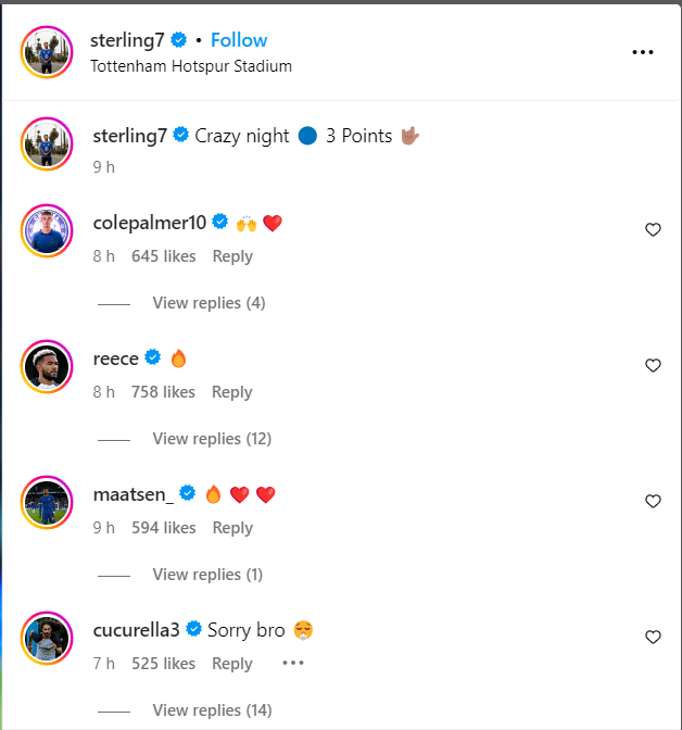 Marc Cucurella on Raheem Sterling's Instagram