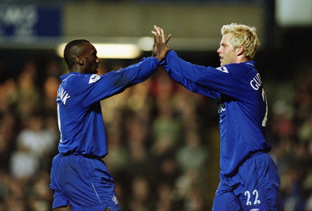 Eidur Gudjohnsen of Chelsea celebrates his goal with team-mate Jimmy Floyd Hasselbaink