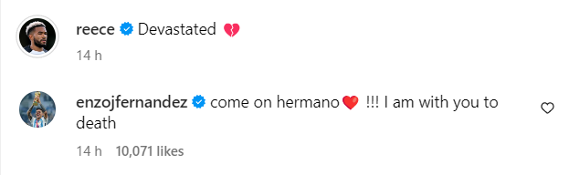 Enzo Fernandez on Reece James' Instagram