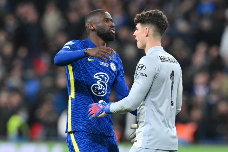 Chelsea's Spanish goalkeeper Kepa Arrizabalaga (R) is consoled by Chelsea's German defender Antonio Rudiger after hitting his penalty over the bar ...