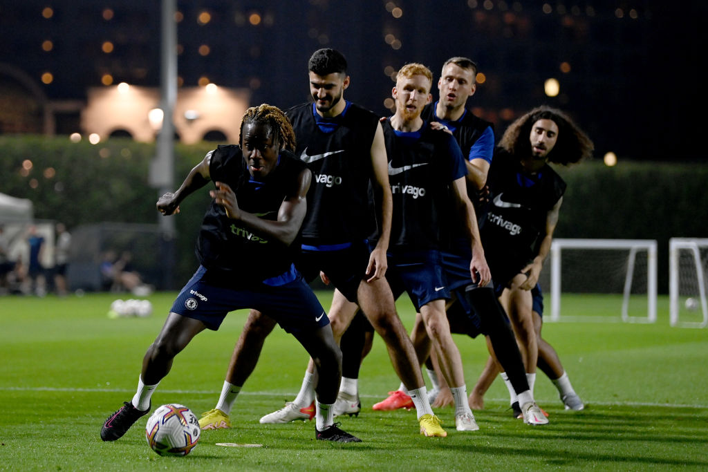 Trevoh Chalobah, Armando Broja, James Russell, Marcus Bettinelli and Marc Cucurella of Chelsea during a training session at The Ritz Carlton on Dec...