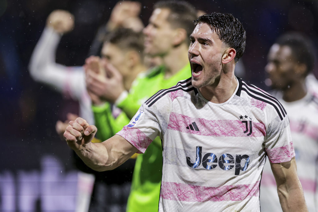 Juventus' Serbian forward Dusan Vlahovic celebrates the