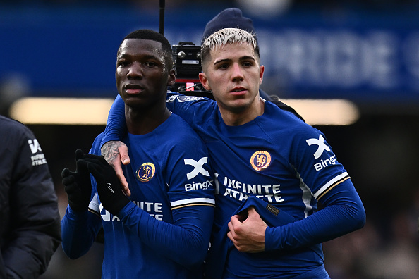 Moises Caicedo and Enzo Fernandez of Chelsea during the Premier League match between Chelsea FC and Fulham FC at Stamford Bridge on January 13, 202...