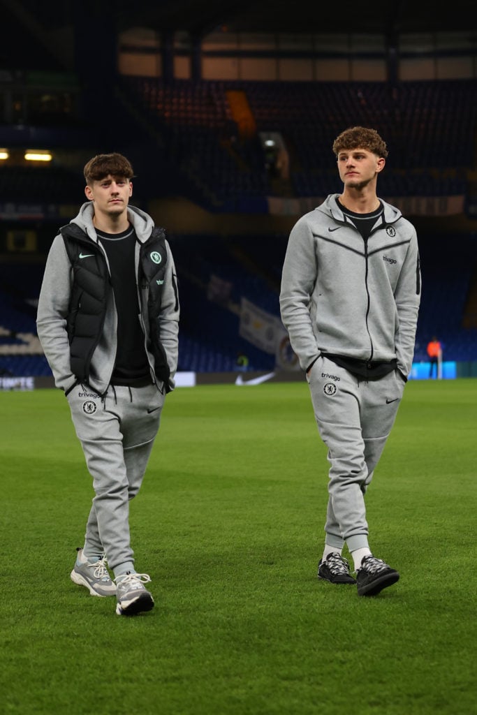 Dylan Williams and Max Merrick of Chelsea inspect the pitch prior to the Emirates FA Cup Fourth Round match between Chelsea and Aston Villa at Stam...