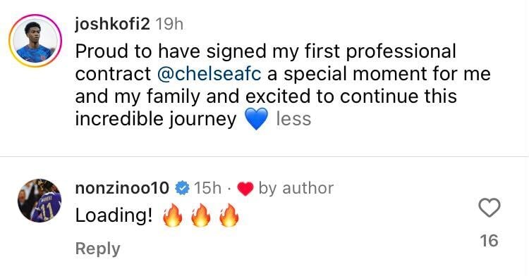 Josh-Kofi Acheampong posts on Instagram after signing new Chelsea contract, Noni Madueke responds