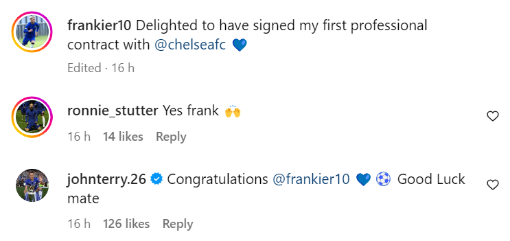 Frankie Runham posts on Instagram after signing Chelsea contract, John Terry responds