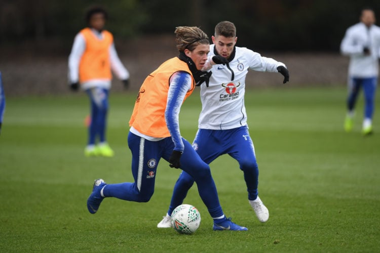 Conor Gallagher and Jorginho of Chelsea during a training session at Chelsea Training Ground on January 22, 2019 in Cobham, England.