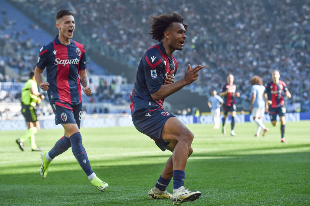 Joshua Zirkzee of Bologna FC celebrates after scoring the...