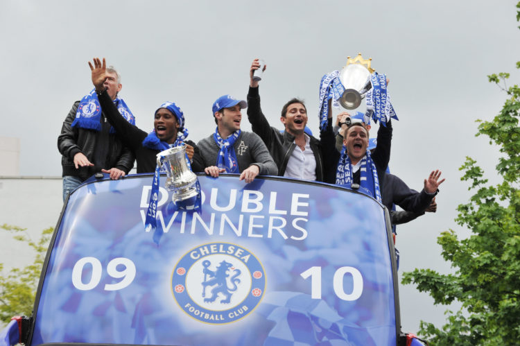 Chelsea players Didier Drogba, Petr Cech, Frank Lampard and John Terry during the Chelsea Football Club Victory Parade on May 16, 2010 in London, E...