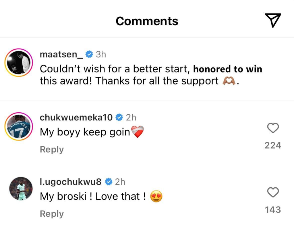 Carney Chukwuemeka responds to Chelsea loanee Ian Maatsen on Instagram
