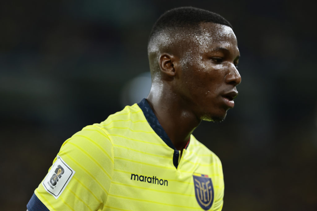 Moises Caicedo playing for Ecuador against Colombia in a World Cup qualifier.