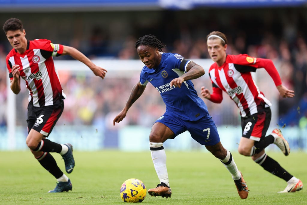 Chelsea winger Raheem Sterling in Premier League action v Brentford