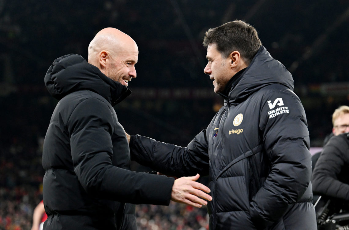 Erik ten Hag, Manager of Manchester United, and Mauricio Pochettino, Manager of Chelsea, interact prior to the Premier League match between Manches...