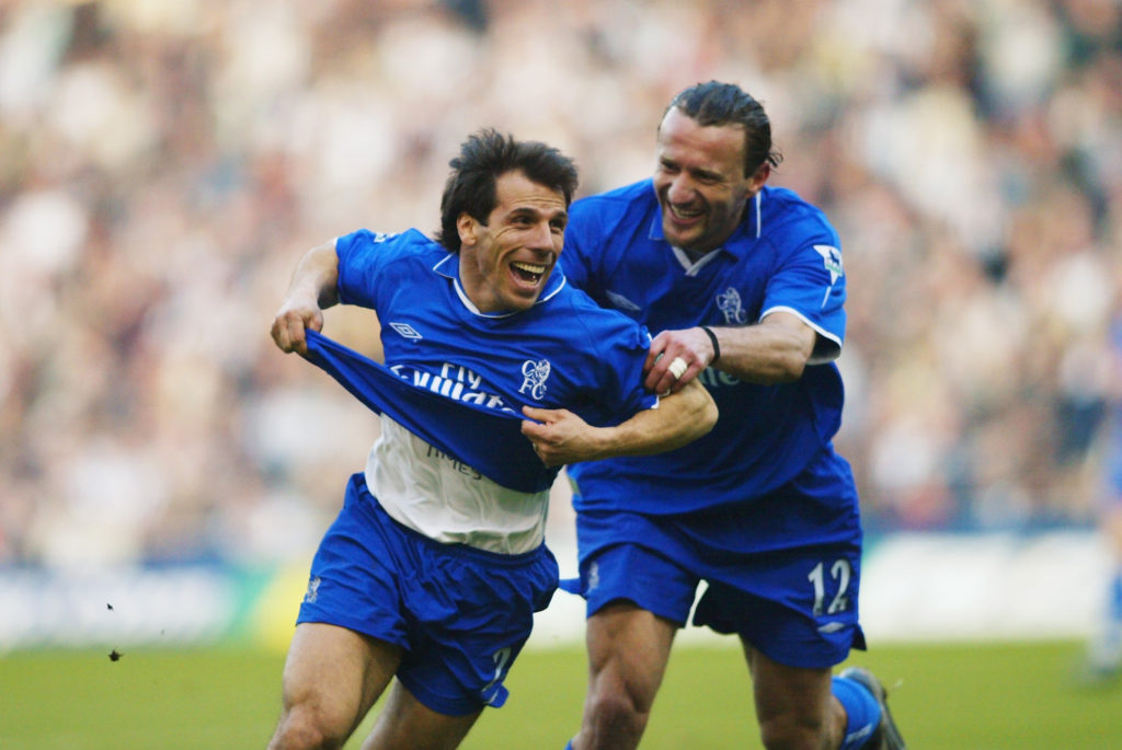 Gianfranco Zola of Chelsea celebrates scoring the second goal with team-mate Mario Stanic