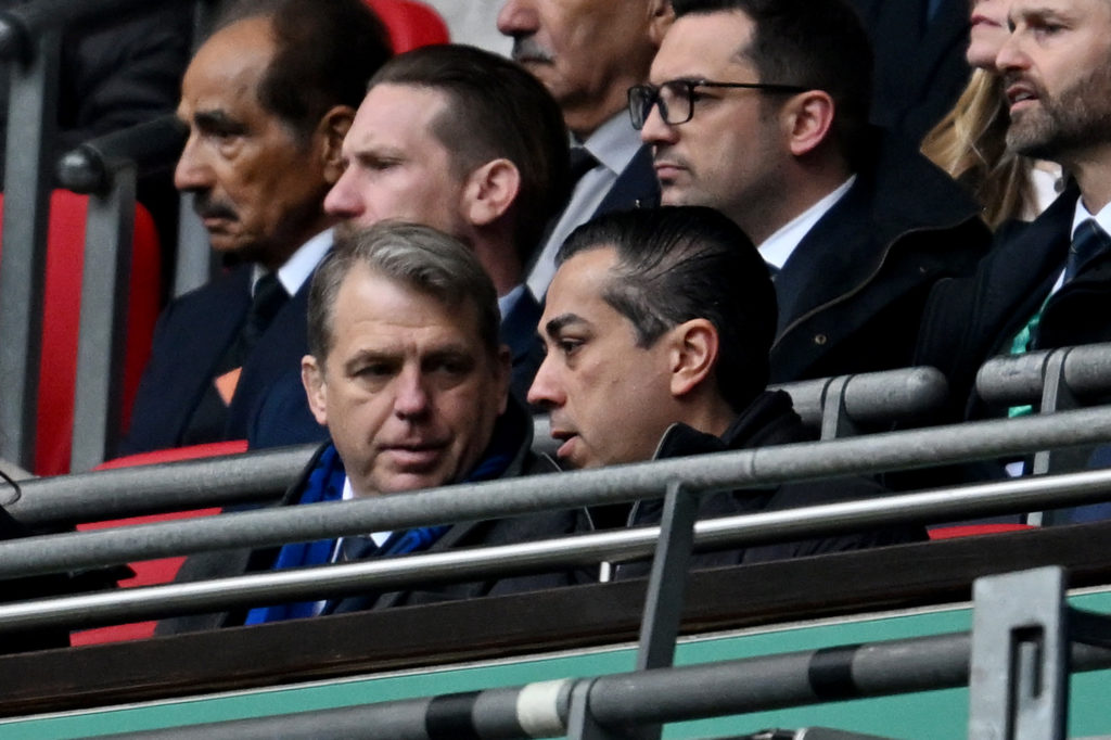 Todd Boehly and Behdad Eghbali Co-Owners of Chelsea, speak in the stands during the Carabao Cup Final match between Chelsea and Liverpool at Wemble...
