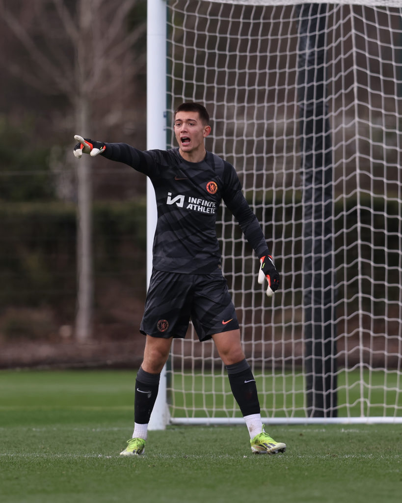 Teddy Curd of Chelsea during the PU18 Premier League match between Chelsea U18 and Aston Villa U18 at Chelsea Training Ground on February 24, 2024 ...