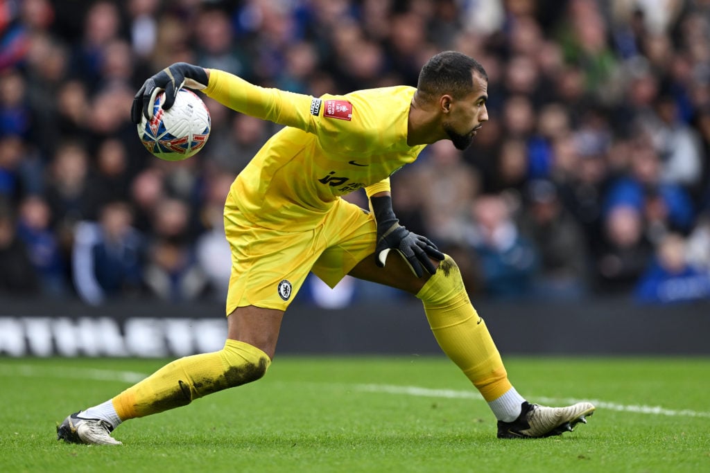 Robert Sanchez of Chelsea passes the ball during the Emirates FA Cup Quarter Final between Chelsea FC and Leicester City FC at Stamford Bridge on M...