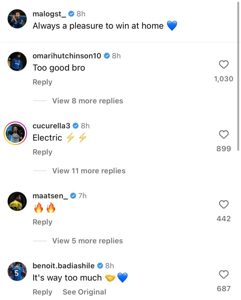 Omari Hutchinson message to Malo Gusto on Instagram Malo Gusto's Instagram post after Chelsea beat Newcastle, Malo Gusto responds