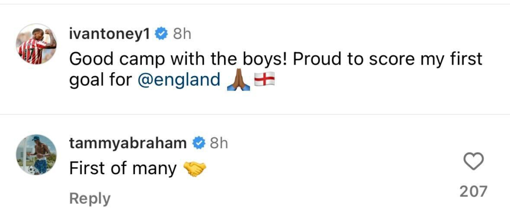 Tammy Abraham responds to Ivan Toney on Instagram