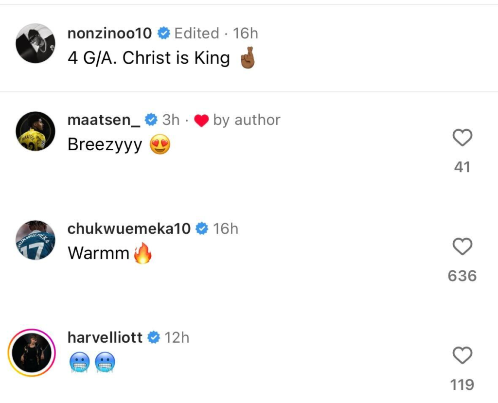 Ian Maatsen and Carney Chukwuemeka react to Noni Madueke on Instagram
