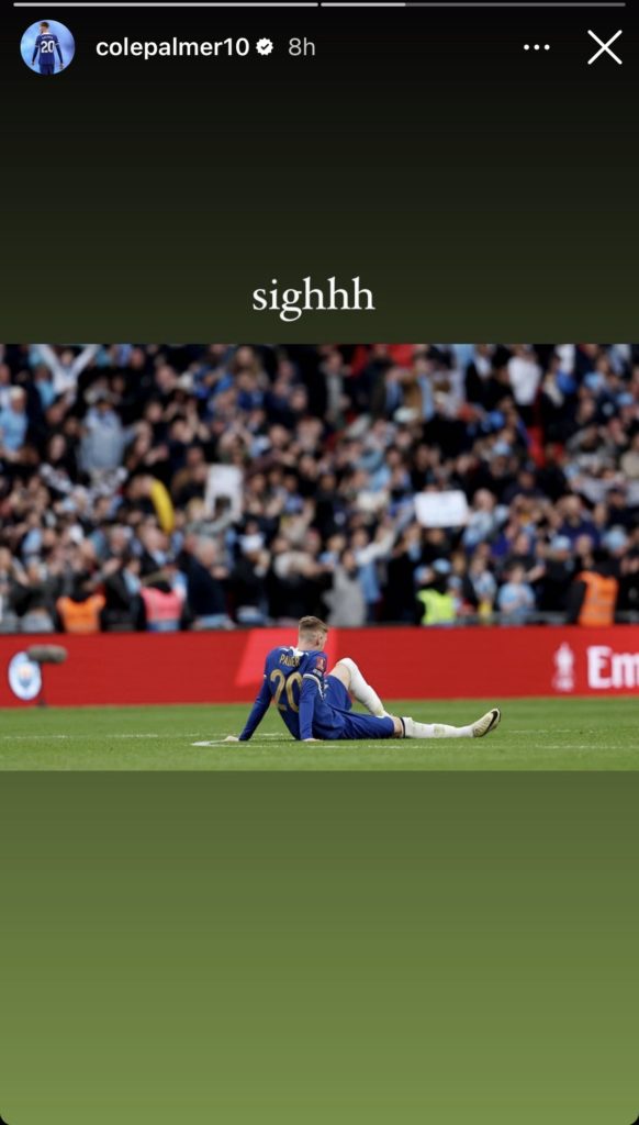 Cole Palmer reacts to Chelsea's FA Cup semi-final defeat to Man City on Instagram, posting the word sigh alongside an image of himself.