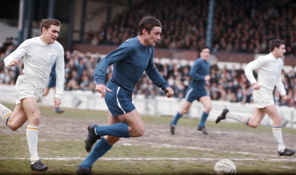 Chelsea forward Bobby Tambling sprints past Terry Cooper (l) during a First Division match against Leeds United at Stamford Bridge on May 6, 1967 i...