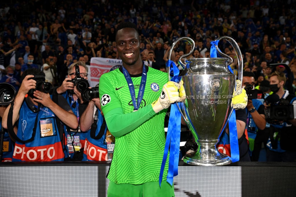 Edouard Mendy of Chelsea celebrates with the Champions League Trophy during the UEFA Champions League Final between Manchester City and Chelsea FC ...