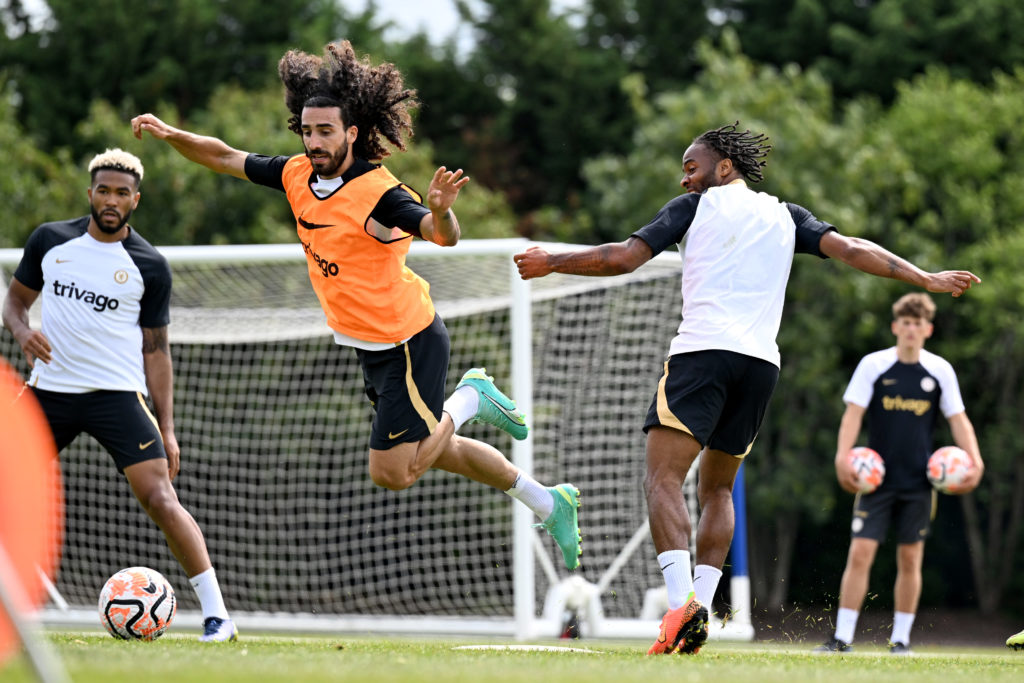 Marc Cucurella and Raheem Sterling of Chelsea during a training session at Chelsea Training Ground on July 13, 2023 in Cobham, England.