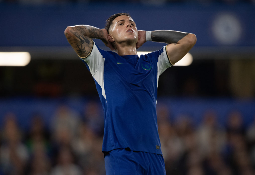 Enzo Fernandez of Chelsea looks dejected after missing a goal scoring opportunity during the Premier League match between Chelsea FC and Luton Town...