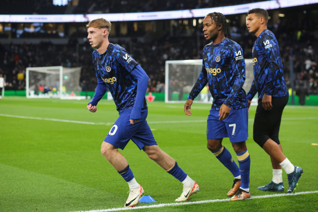 L-R Cole Palmer, Raheem Sterling and Thiago Silva of Chelsea warm up during the Premier League match between Tottenham Hotspur and Chelsea FC at To...