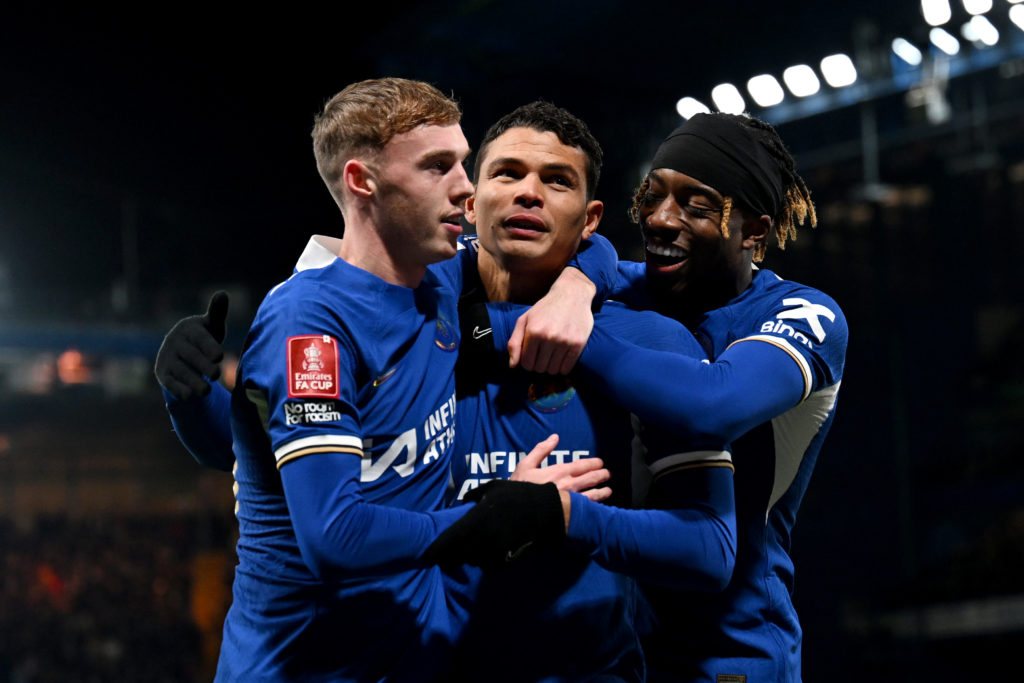Thiago Silva of Chelsea celebrates scoring his team's second goal with teammates Cole Palmer (L) and Noni Madueke of Chelsea (R) during the Emirate...