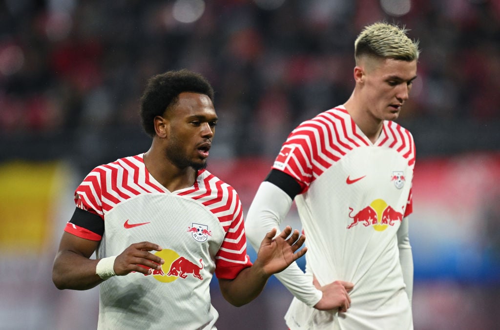 Loïs Openda and Benjamin Sesko of Leipzig looks dejected during the Bundesliga match between RB Leipzig and Eintracht Frankfurt at Red Bull Arena o...