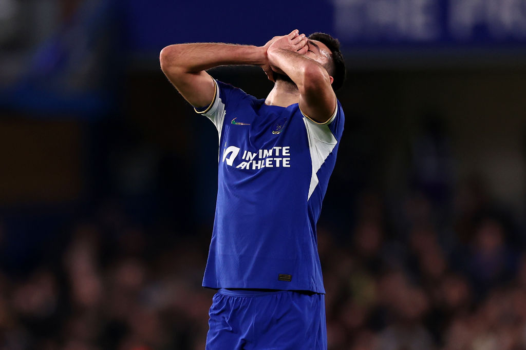 Armando Broja of Chelsea reacts at full-time following the teams draw in the Emirates FA Cup Fourth Round match between Chelsea and Aston Villa at ...