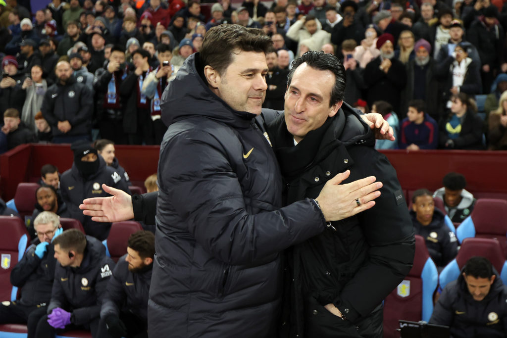 Mauricio Pochettino, Manager of Chelsea, and Unai Emery, Manager of Aston Villa, embrace prior to kick-off ahead of the Emirates FA Cup Fourth Roun...