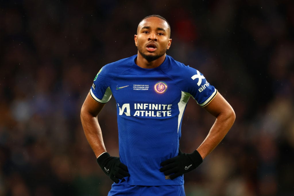 Christopher Nkunku of Chelsea looks o during the Carabao Cup Final match between Chelsea and Liverpool at Wembley Stadium on February 25, 2024 in L...