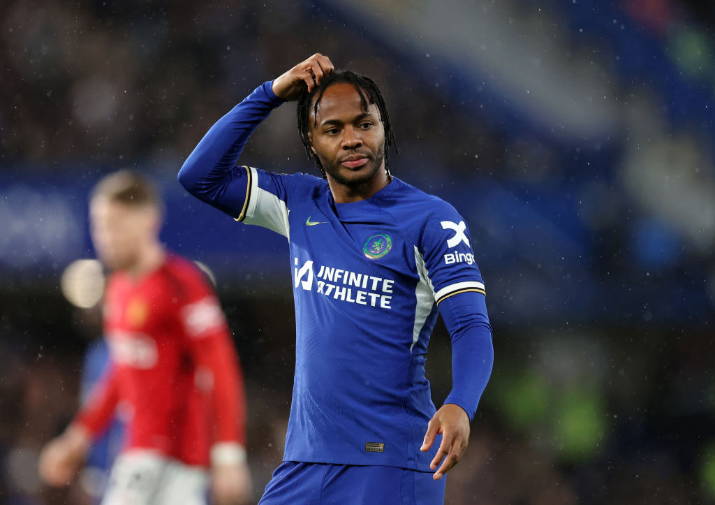 Raheem Sterling of Chelsea during the Premier League match between Chelsea FC and Manchester United at Stamford Bridge on April 04, 2024 in London,...