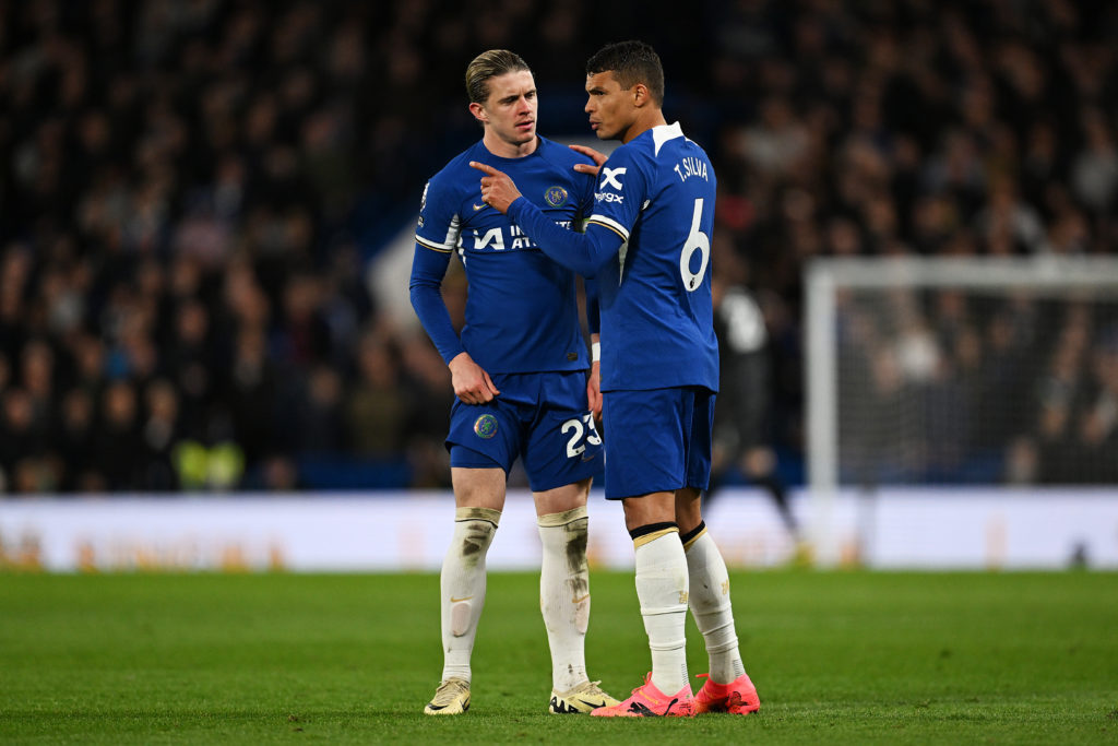 Conor Gallagher and Thiago Silva of Chelsea interact during the Premier League match between Chelsea FC and Everton FC at Stamford Bridge on April ...