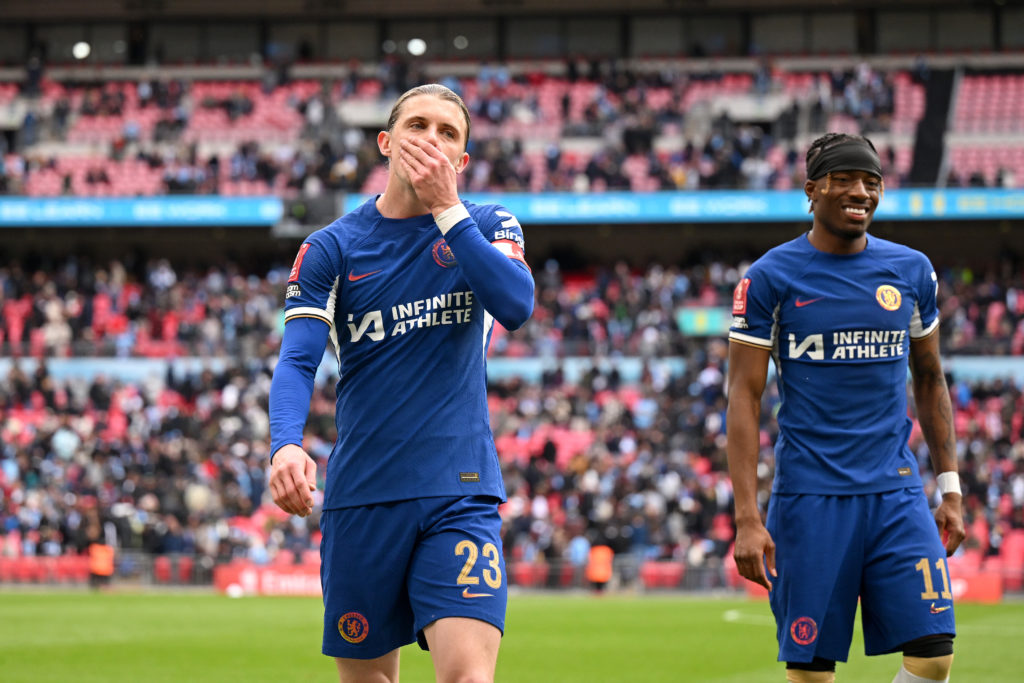 Conor Gallagher and Noni Madueke of Chelsea react during the Emirates FA Cup Semi Final match between Manchester City and Chelsea at Wembley Stadiu...