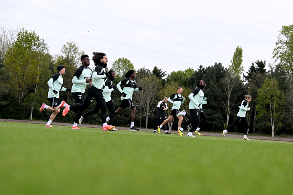 Chelsea team during a open training session at Chelsea Training Ground on April 25, 2024 in Cobham, England.
