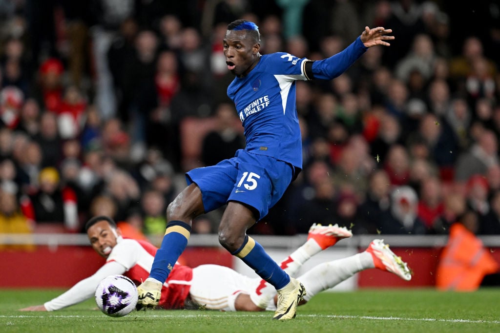 Nicolas Jackson of Chelsea passes the ball during the Premier League match between Arsenal FC and Chelsea FC at Emirates Stadium on April 23, 2024 ...