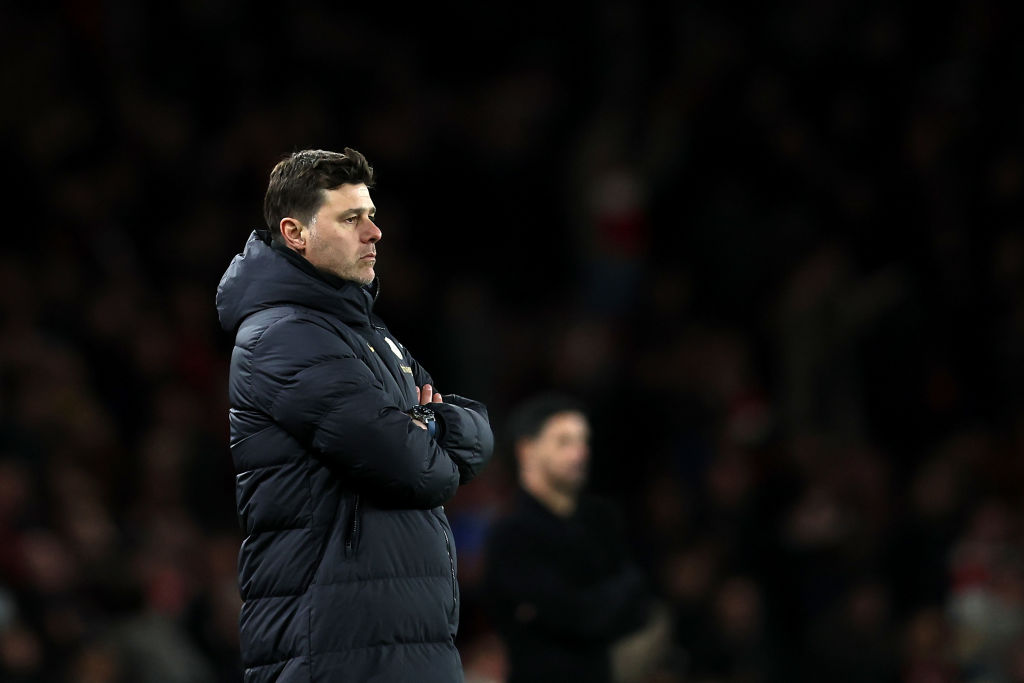 Mauricio Pochettino, Manager of Chelsea, looks on during the Premier League match between Arsenal FC and Chelsea FC at Emirates Stadium on April 23...