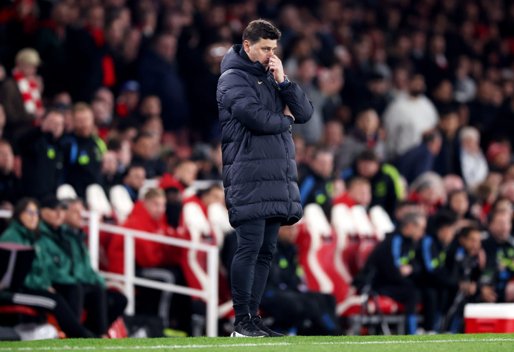 Mauricio Pochettino, Manager of Chelsea, looks dejected during the Premier League match between Arsenal FC and Chelsea FC at Emirates Stadium on Ap...