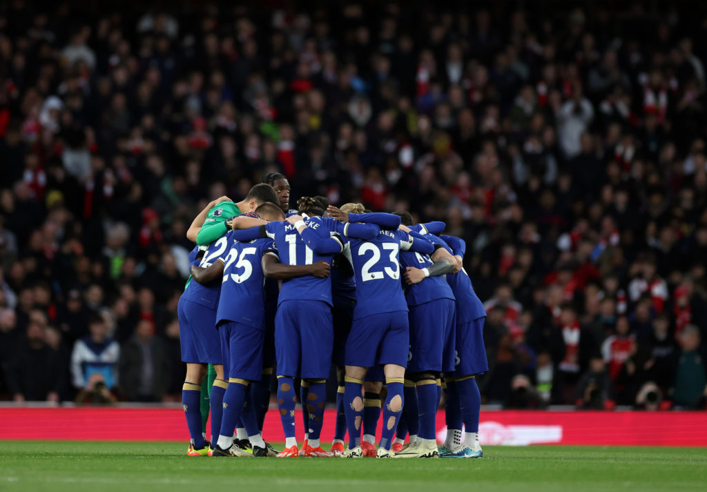 The Chelsea team huddle ahead of  the Premier League match between Arsenal FC and Chelsea FC at Emirates Stadium on April 23, 2024 in London, England.