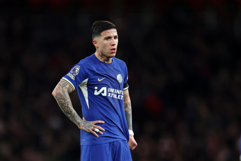 Enzo Fernandez of Chelsea  during the Premier League match between Arsenal FC and Chelsea FC at Emirates Stadium on April 23, 2024 in London, England.