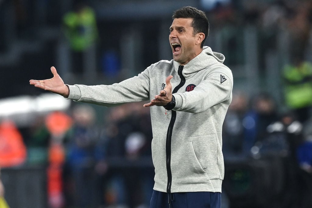 Thiago Motta of Bologna FC coach reacts during the Serie A TIM match between AS Roma and Bologna FC - Serie A TIM  at Stadio Olimpico on April 22, ...