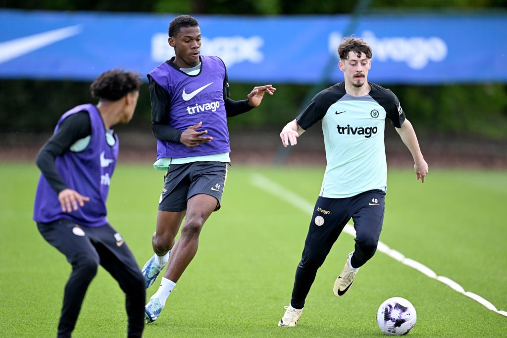 Dujuan Richards and Dylan Williams of Chelsea during a training session at Chelsea Training Ground on April 29, 2024 in Cobham, England.