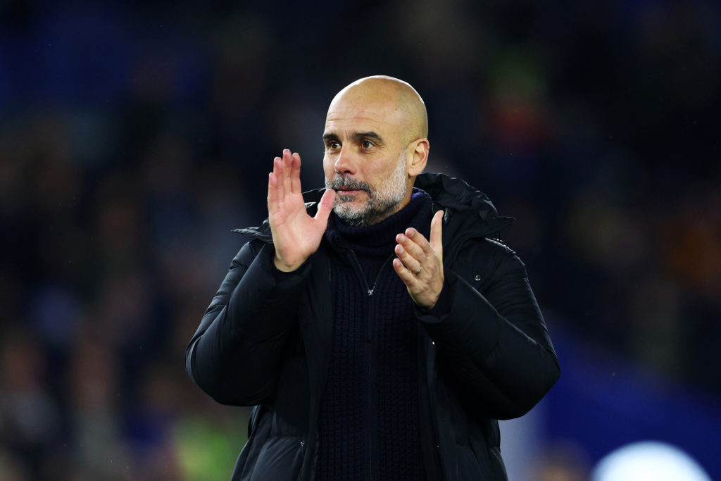 Pep Guardiola, Manager of Manchester City, applauds the fans after the Premier League match between Brighton & Hove Albion and Manchester City ...