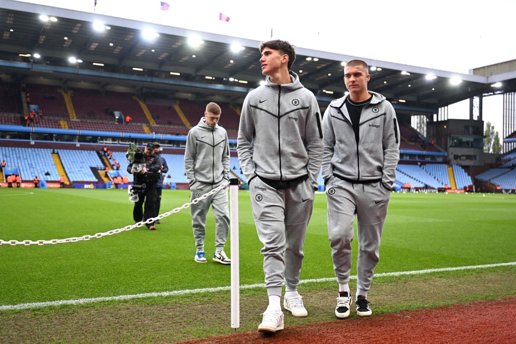 Cesare Casadei and Alfie Gilchrist of Chelsea inspect the pitch prior to the Premier League match between Aston Villa and Chelsea FC at Villa Park ...