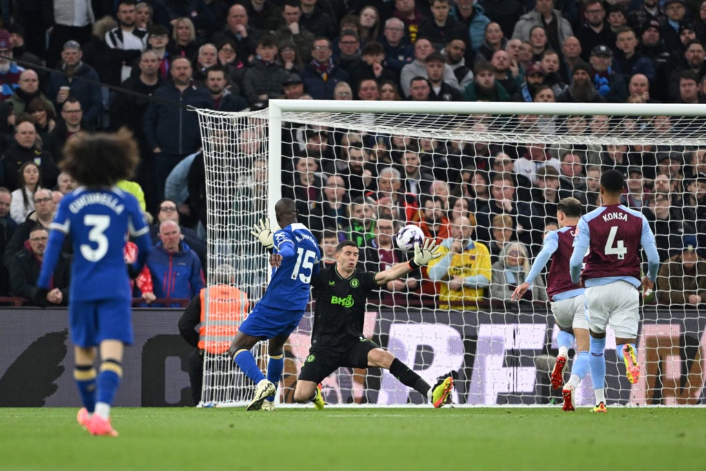 Nicolas Jackson of Chelsea scores a goal past Emiliano Martinez of Aston Villa which was later ruled out for offside during the Premier League matc...