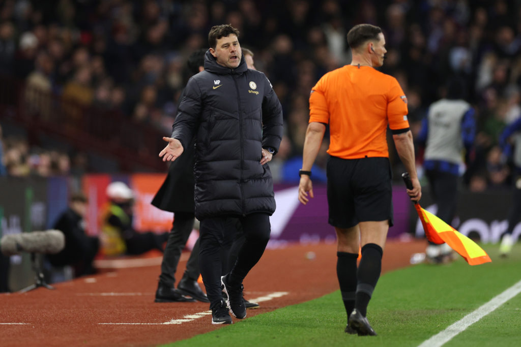 Mauricio Pochettino, Manager of Chelsea, reacts during the Premier League match between Aston Villa and Chelsea FC at Villa Park on April 27, 2024 ...
